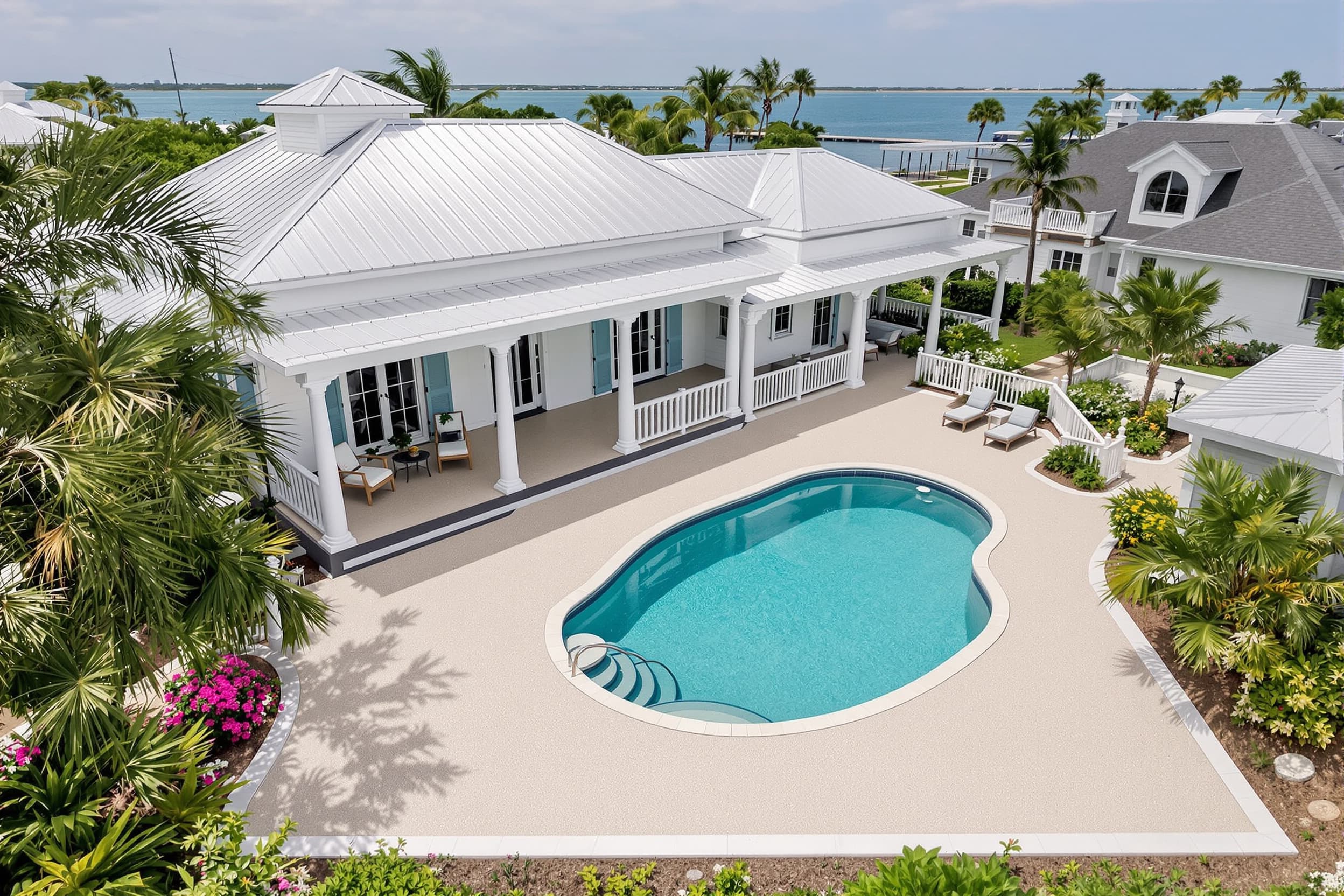 Luxury pool deck with resin-bound marble surface